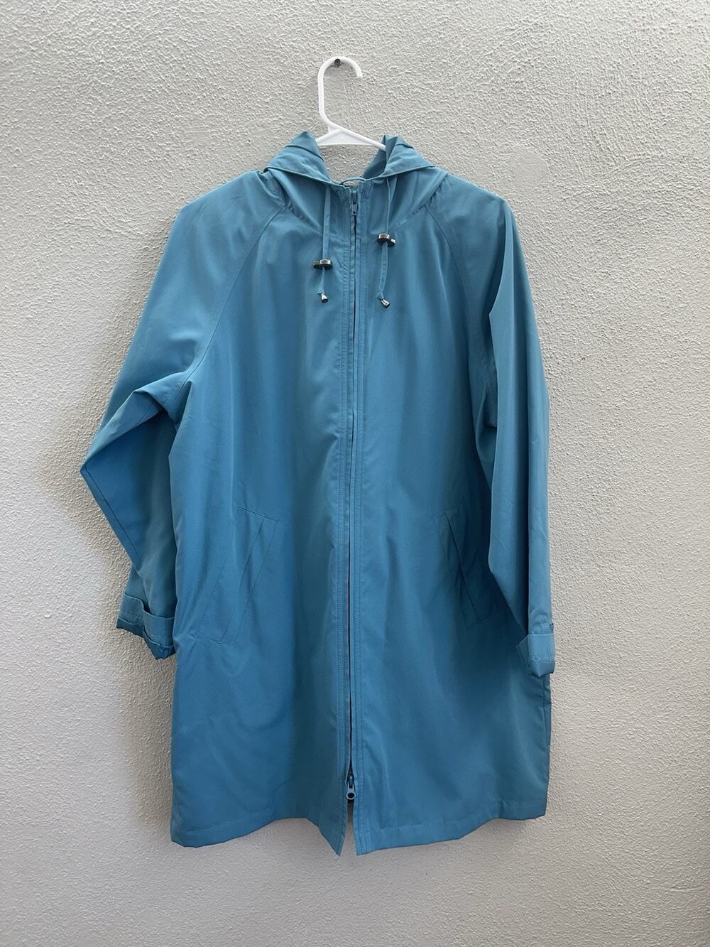 L.L. Bean Womens Jacket Size Petite Large Blue Zip Up Hooded Trench Coat